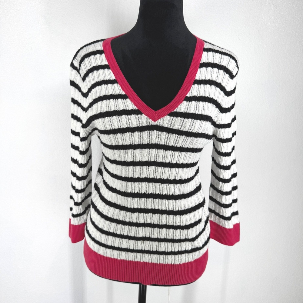 Vintage Cable Knit Varsity Striped V Neck Sweater Women M Cotton Tennis Preppy‎